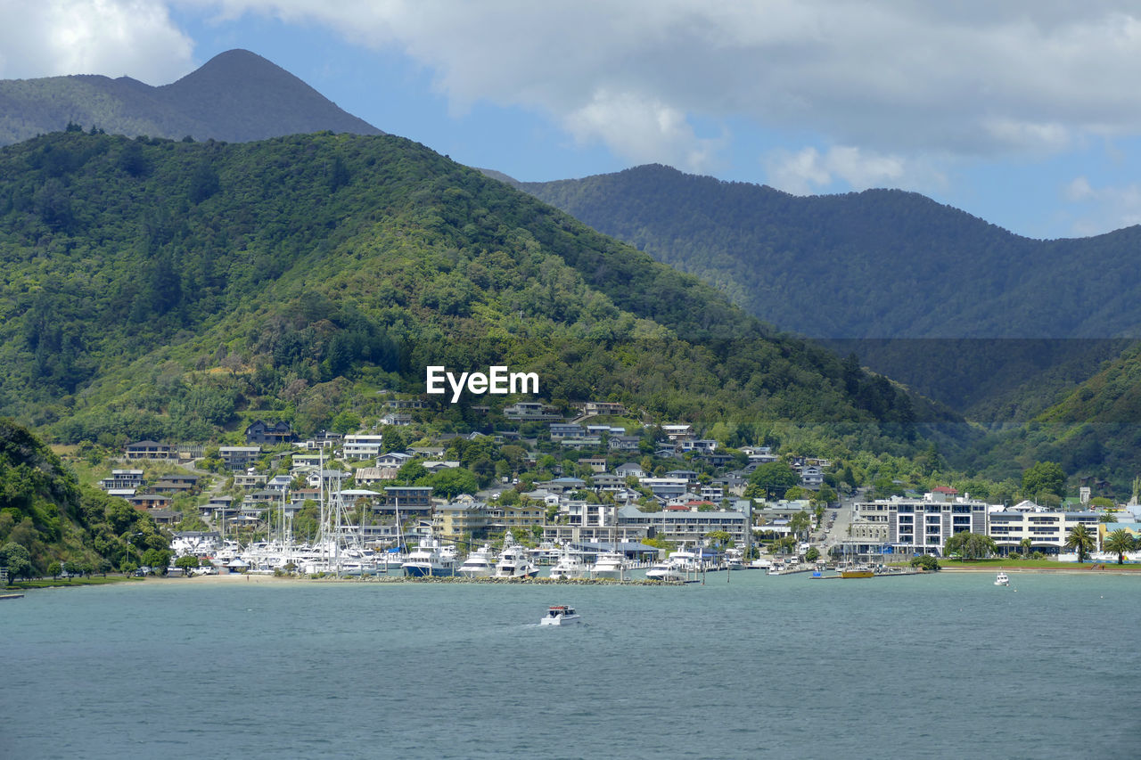 Riparian scenery including a town named picton in new zealand