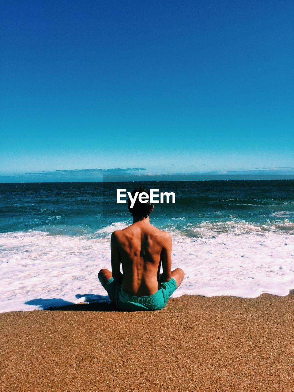 Rear view of shirtless man sitting on shore at beach against blue sky