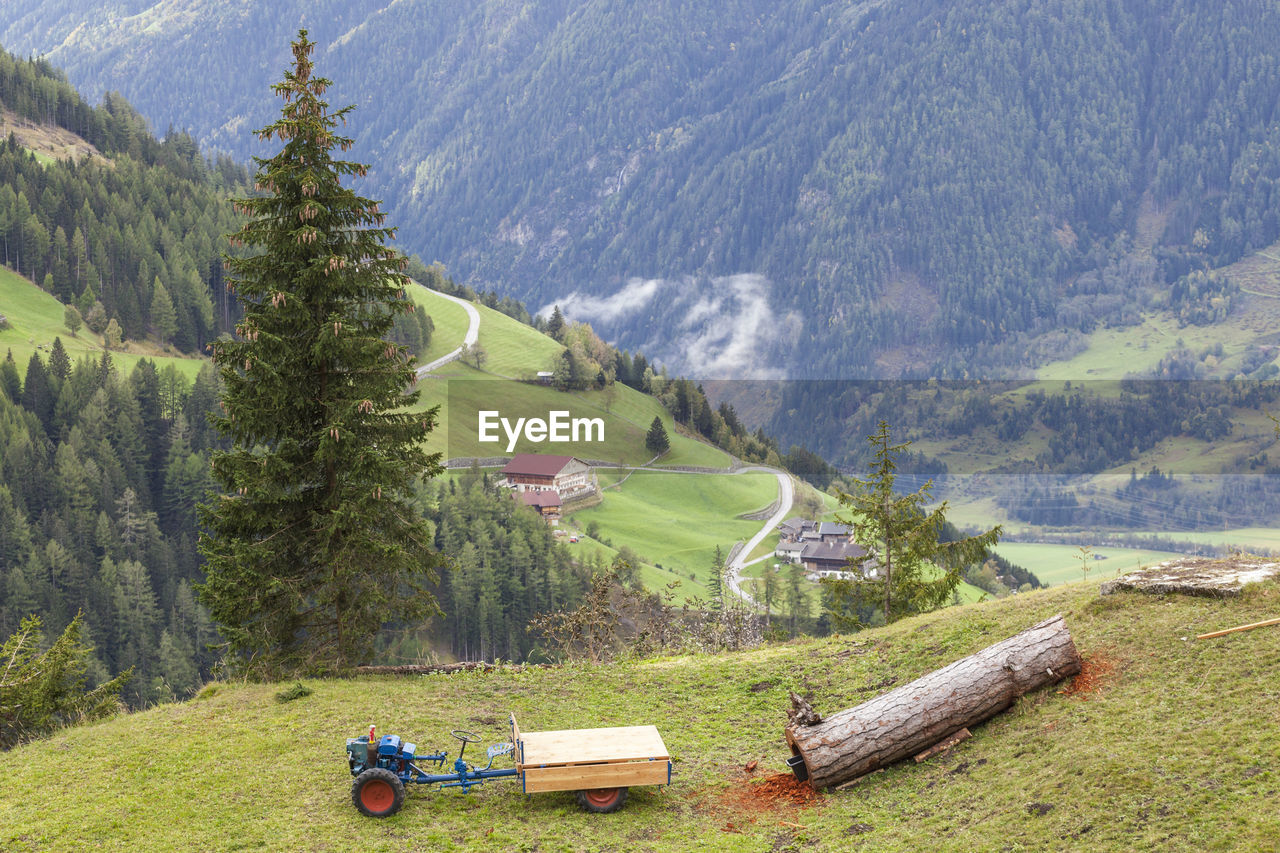 Tractor and a timber log on a alps meadow