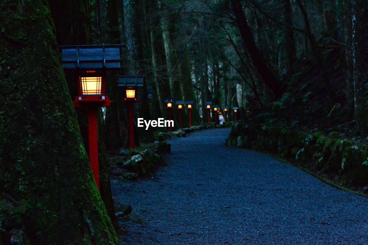 Illuminated lanterns by empty footpath at dusk