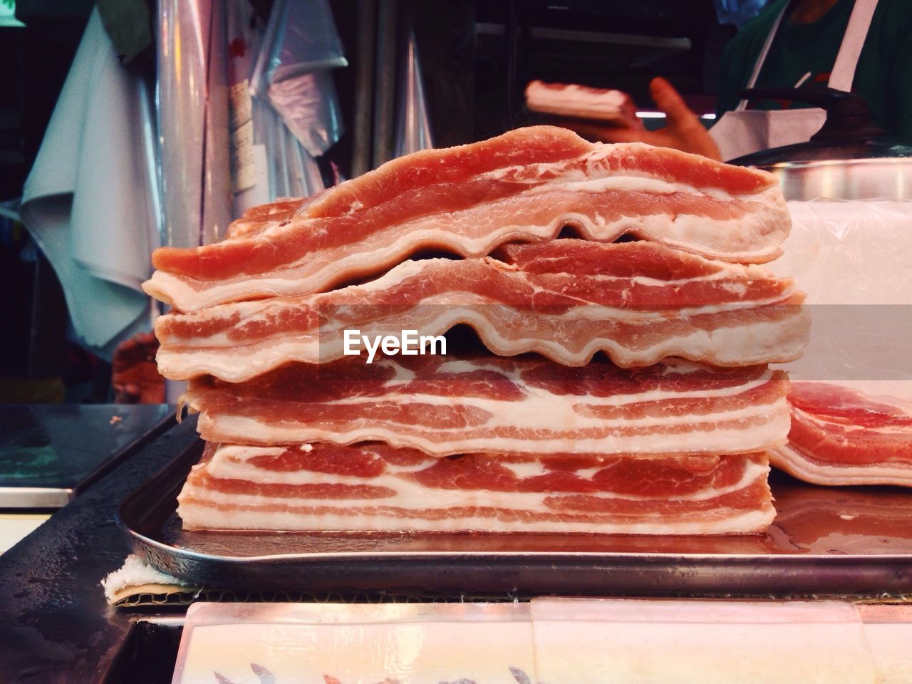 Close-up of pork bellies at butcher shop