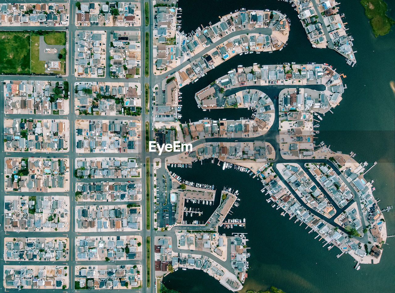 Aerial view of homes and boats at the jersey shore