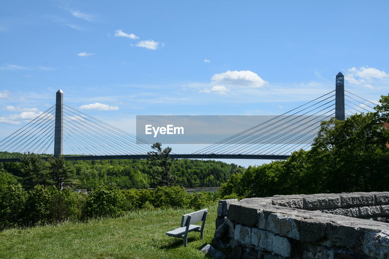 View of suspension bridge against cloudy sky