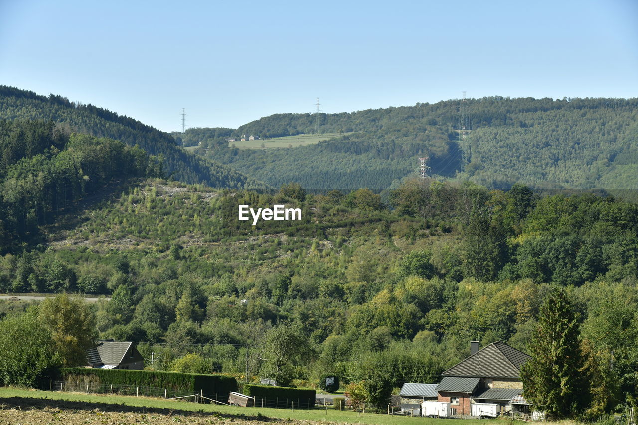 Scenic view of trees and houses against sky