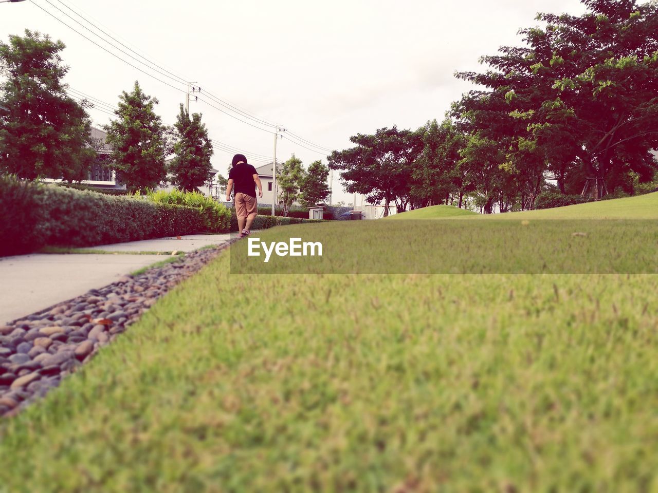 REAR VIEW OF MAN WALKING ON GRASSY FIELD AGAINST SKY