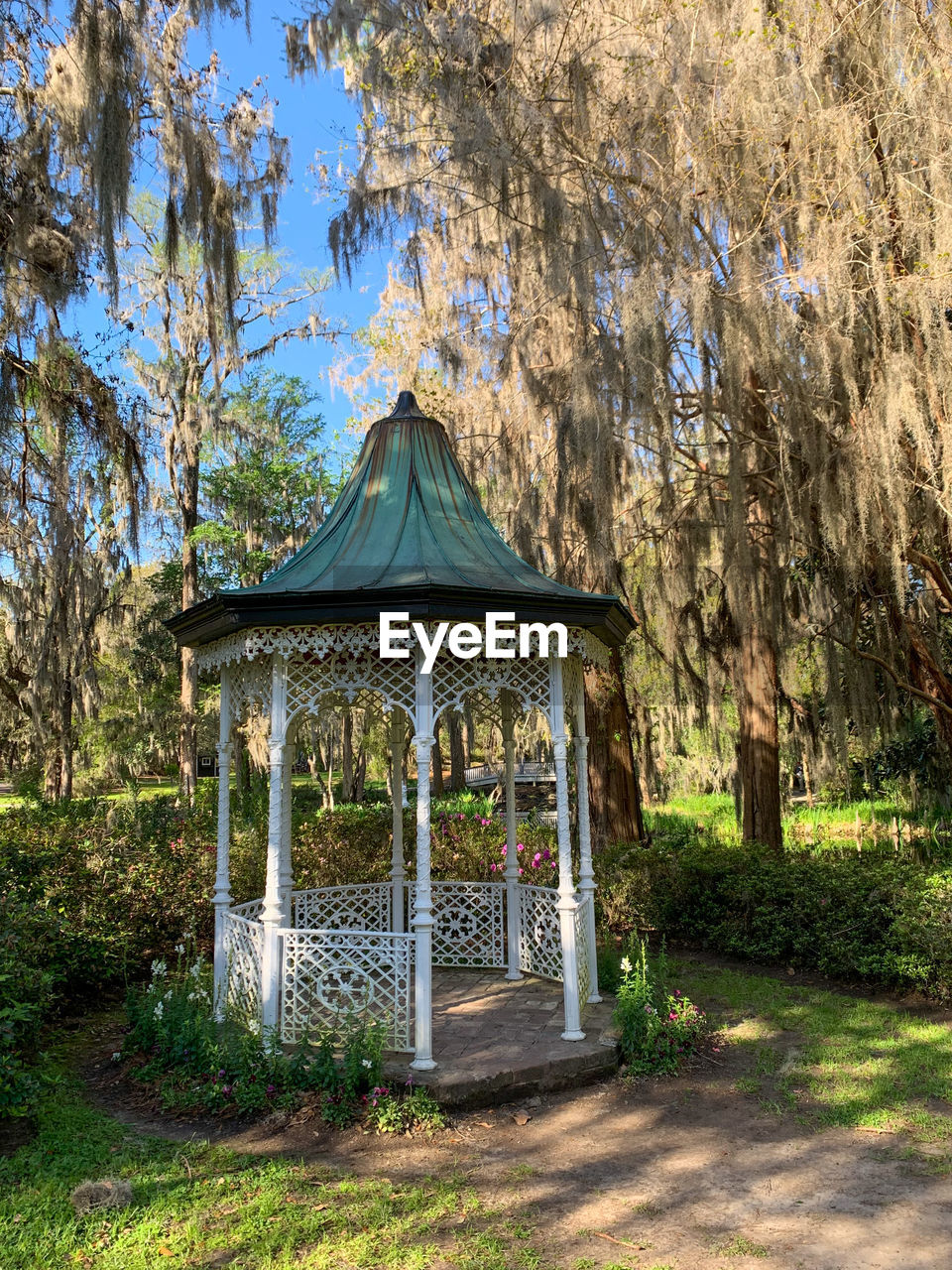 plant, tree, gazebo, nature, architecture, built structure, no people, day, growth, woodland, sunlight, garden, park, outdoors, grass, land, sky, building exterior, beauty in nature, autumn, park - man made space, tranquility, flower, estate, pavilion, green, shadow, religion, building