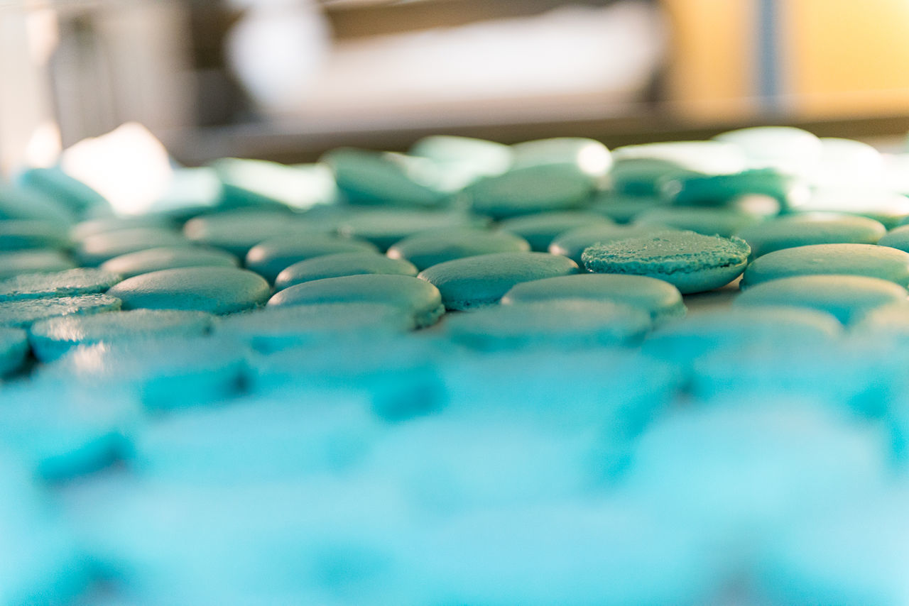 Close-up of blue macaroons on table