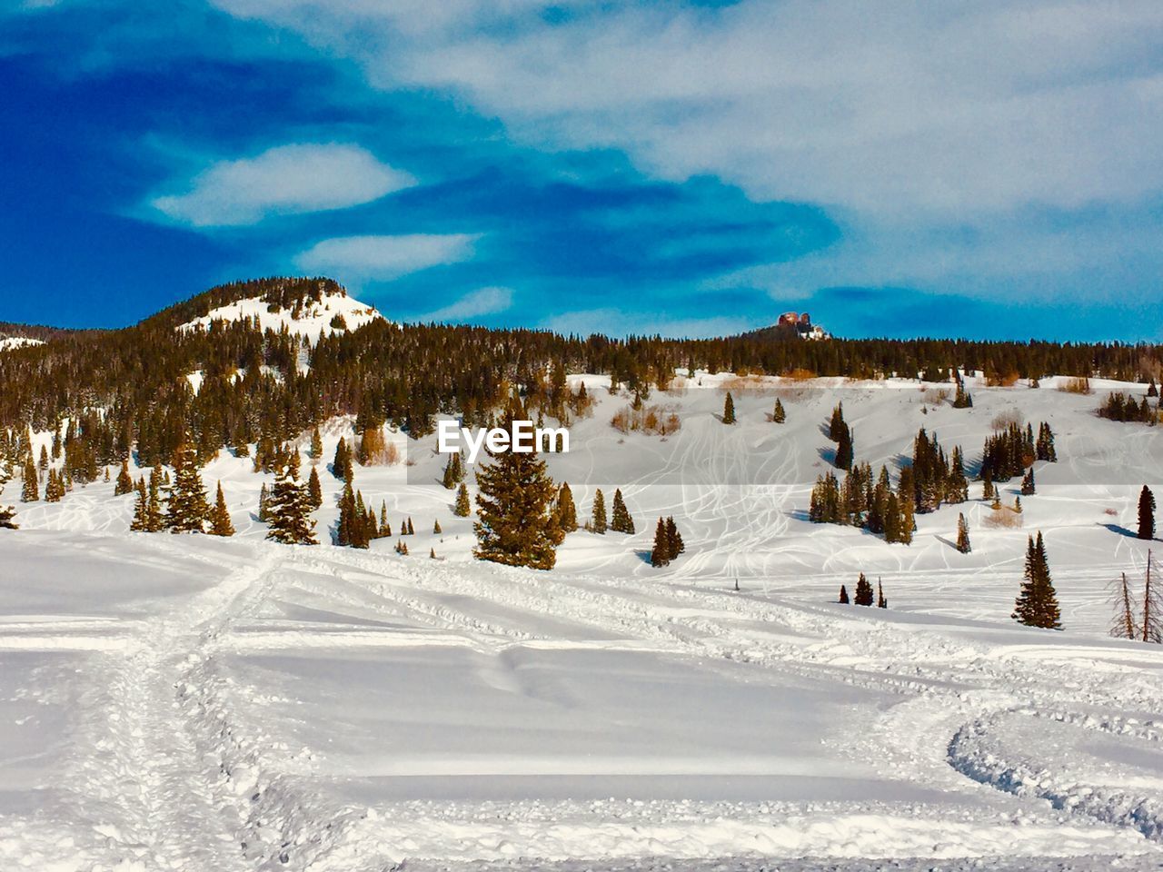 Scenic view of snow covered landscape against sky