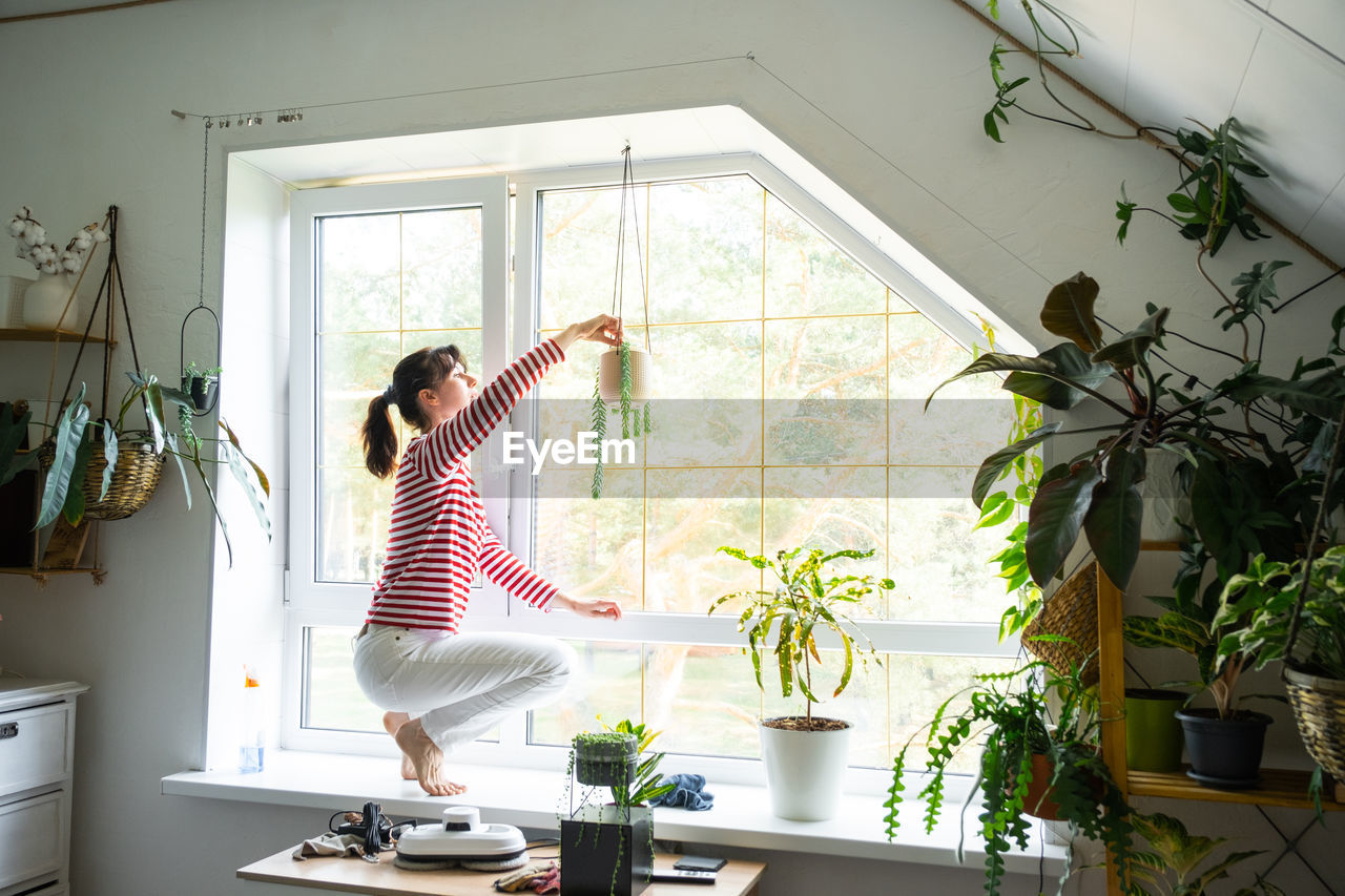 one person, indoors, window, home, domestic life, room, interior design, lifestyles, adult, women, domestic room, arm, arms raised, home interior, nature, potted plant, young adult, full length, house, day, plant, houseplant, standing, limb, casual clothing, hairstyle, sink, clothing, person, human limb, window covering, furniture, long hair, holding, side view, female, cleaning, leisure activity, sunlight