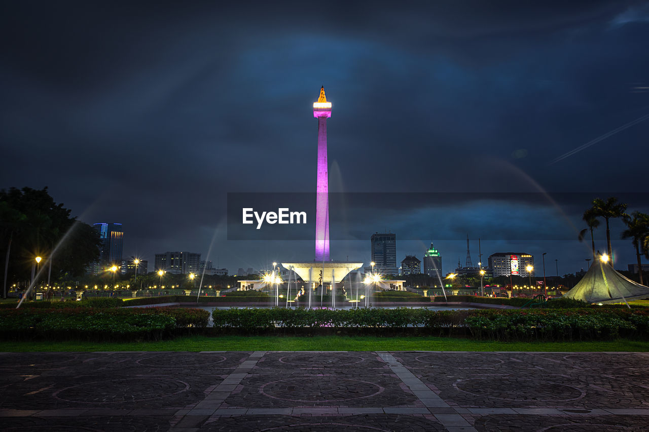 LOW ANGLE VIEW OF ILLUMINATED BUILDING AGAINST SKY