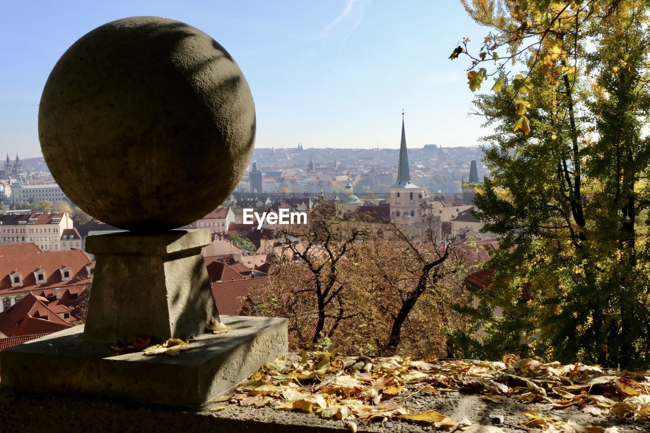 View of trees and buildings in city