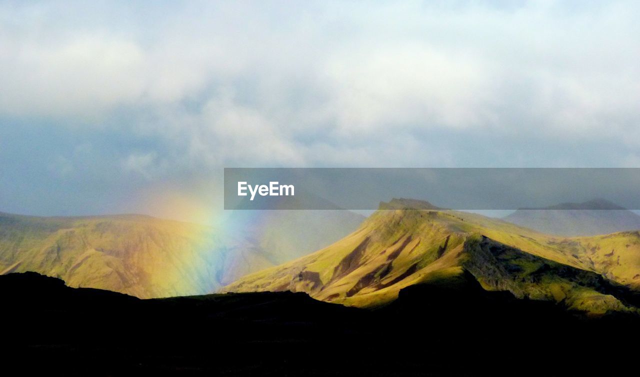 PANORAMIC VIEW OF MOUNTAIN RANGE AGAINST CLOUDY SKY