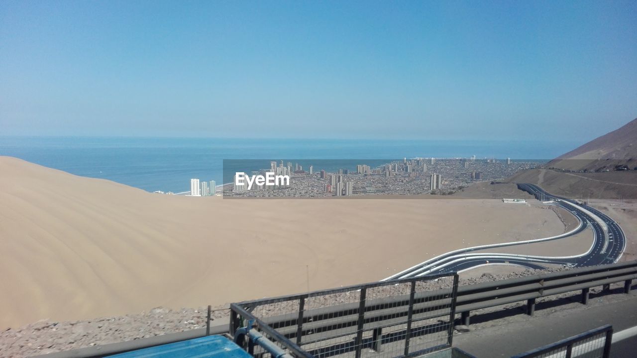 Scenic view of sea against clear blue sky