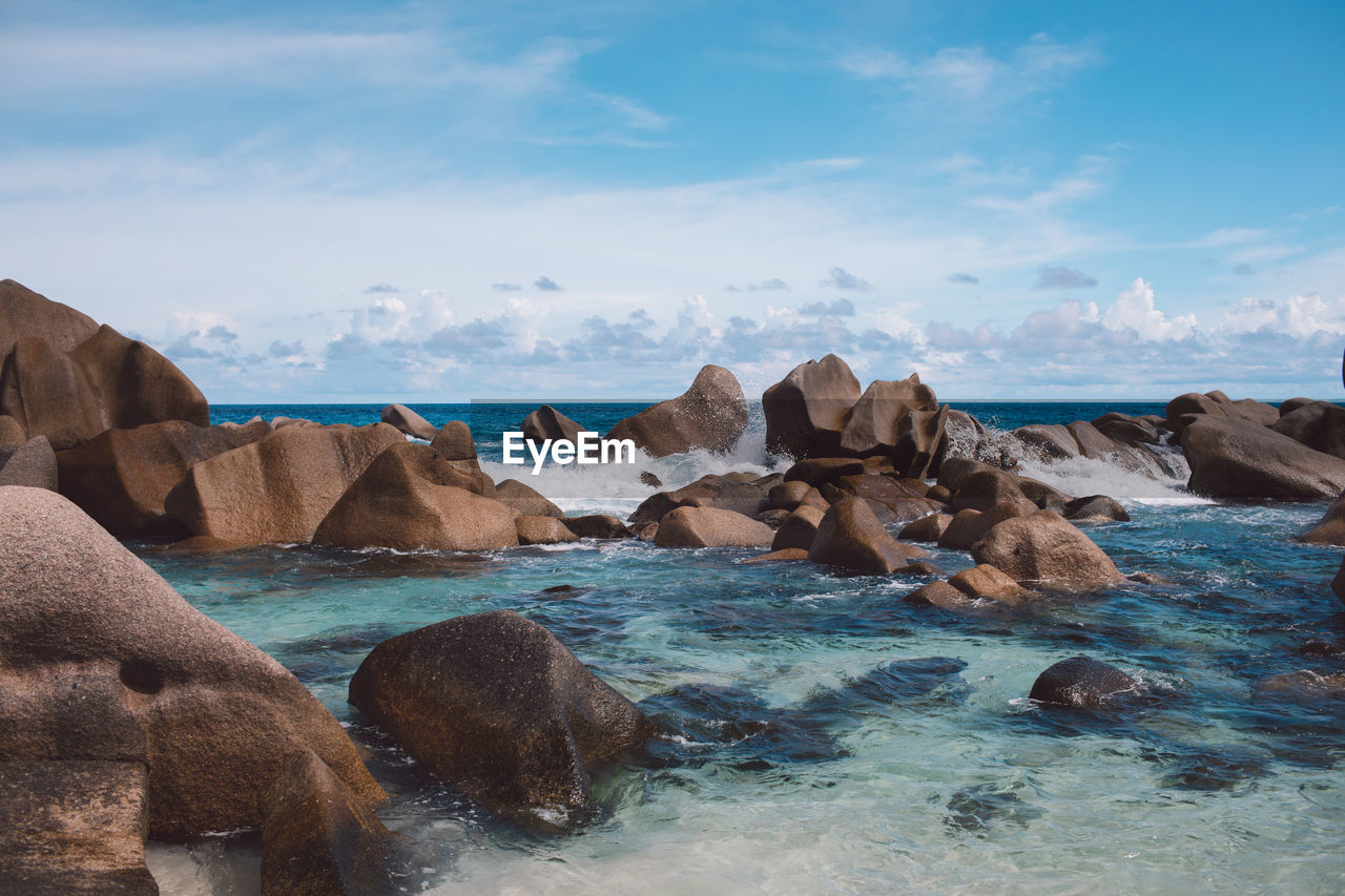 Scenic view of rocks in sea against sky