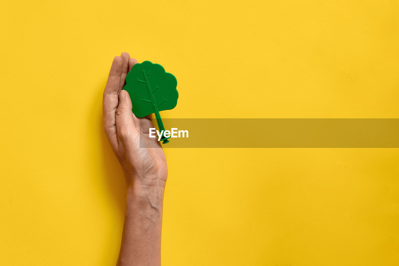 Cropped hands of person holding small plastic tree against yellow background