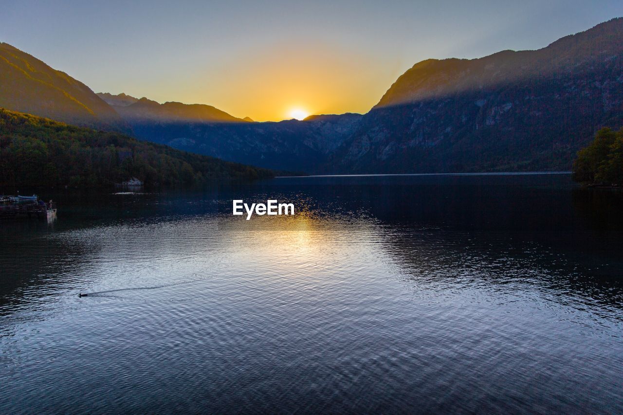 Scenic view of lake against sky during sunset