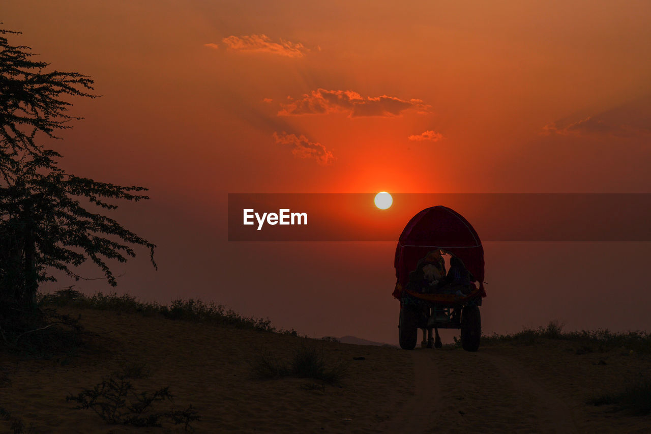 Ox cart at desert against orange sky