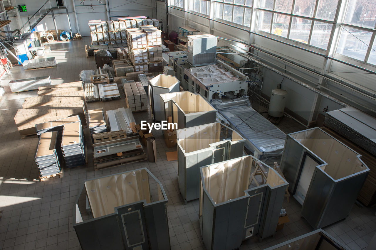 High angle view of storage unit at workshop