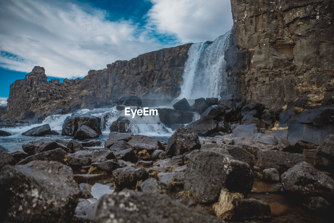 SCENIC VIEW OF WATERFALL ON ROCKS AGAINST SKY