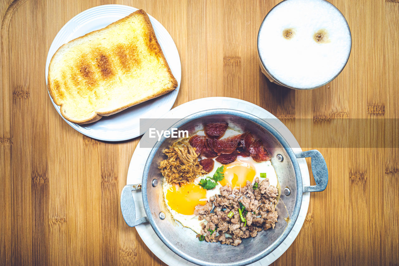 High angle view of breakfast served on table