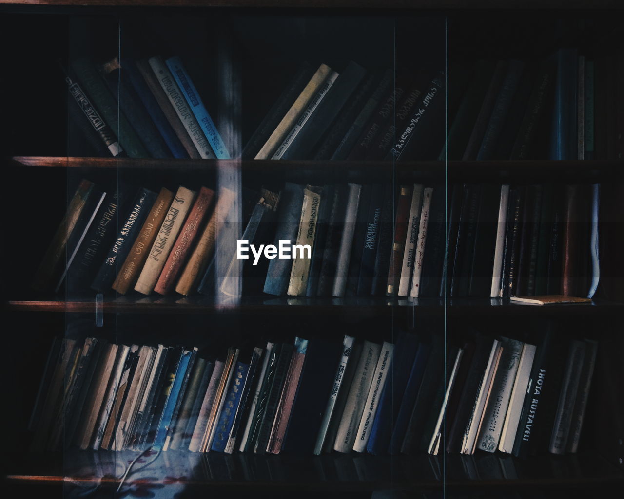 CLOSE-UP OF BOOKS IN SHELF