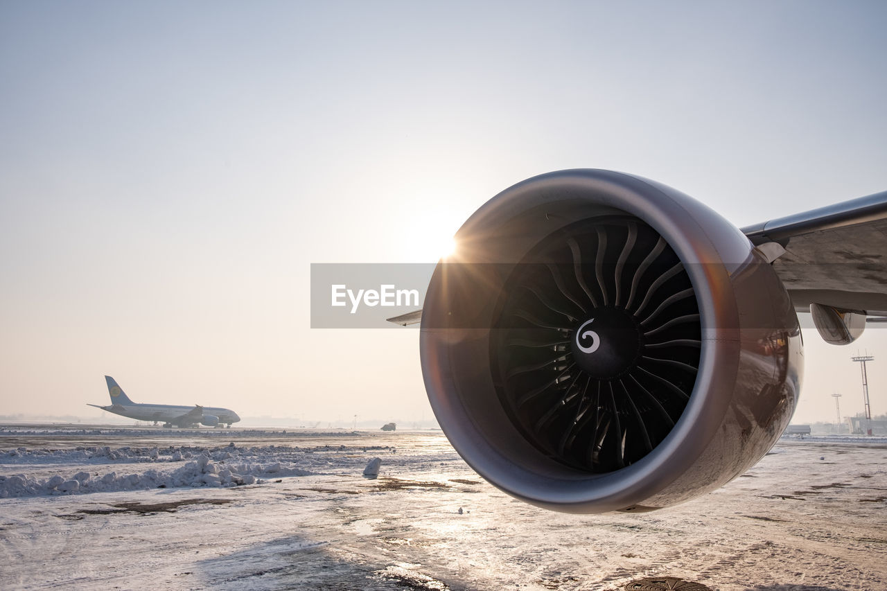 low angle view of airplane wing