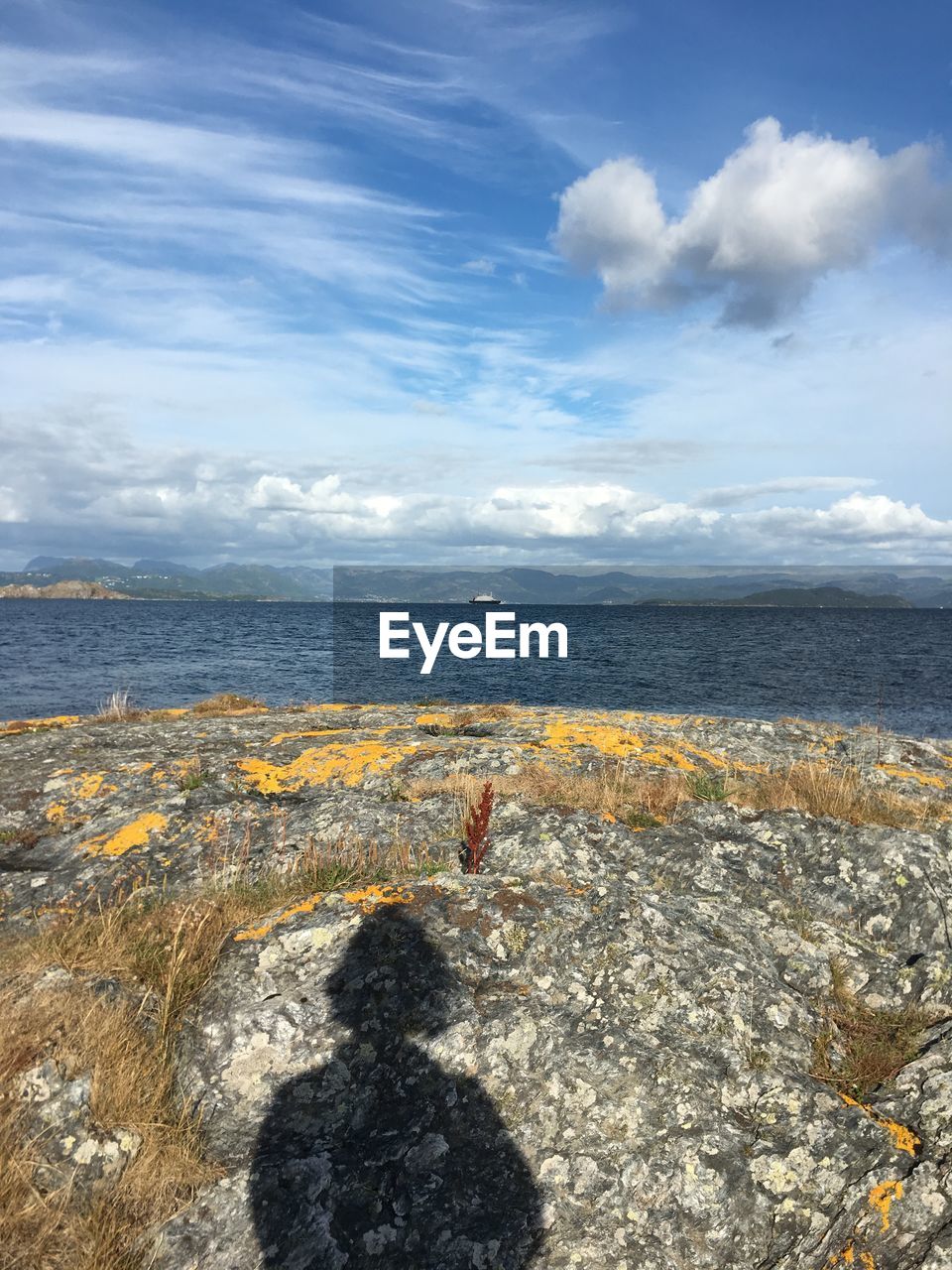 REAR VIEW OF PERSON ON ROCK AT BEACH