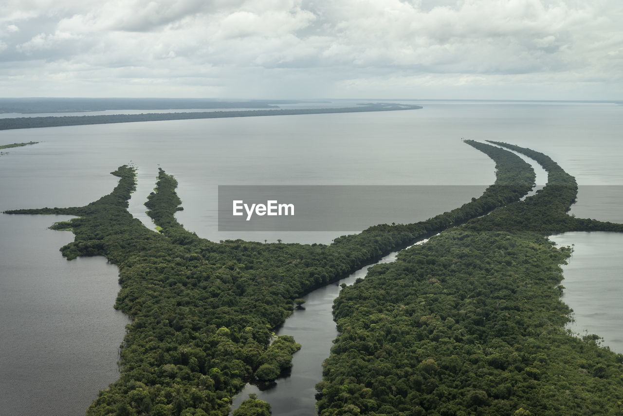 Beautiful aerial view to negro river green amazon island archipelago