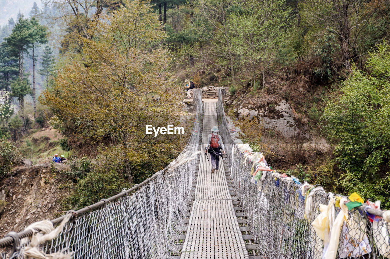 PEOPLE WALKING ON FOOTBRIDGE IN GARDEN