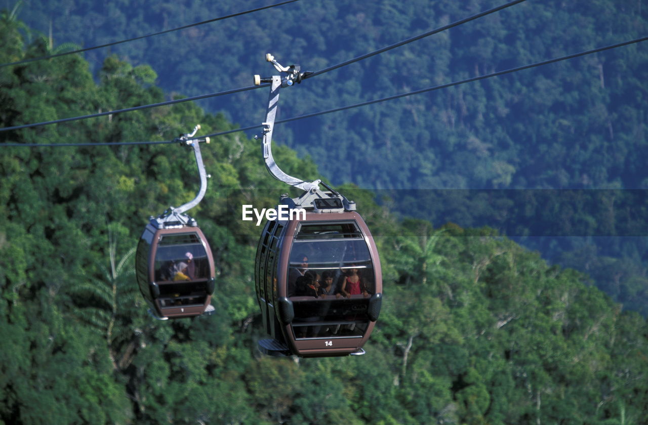 People traveling in overhead cable cars against tree mountains