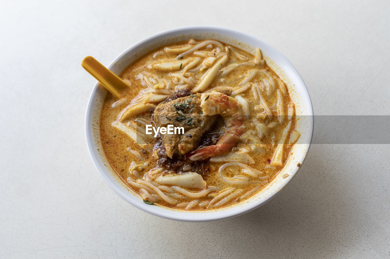 High angle view of laksa noodles in bowl
