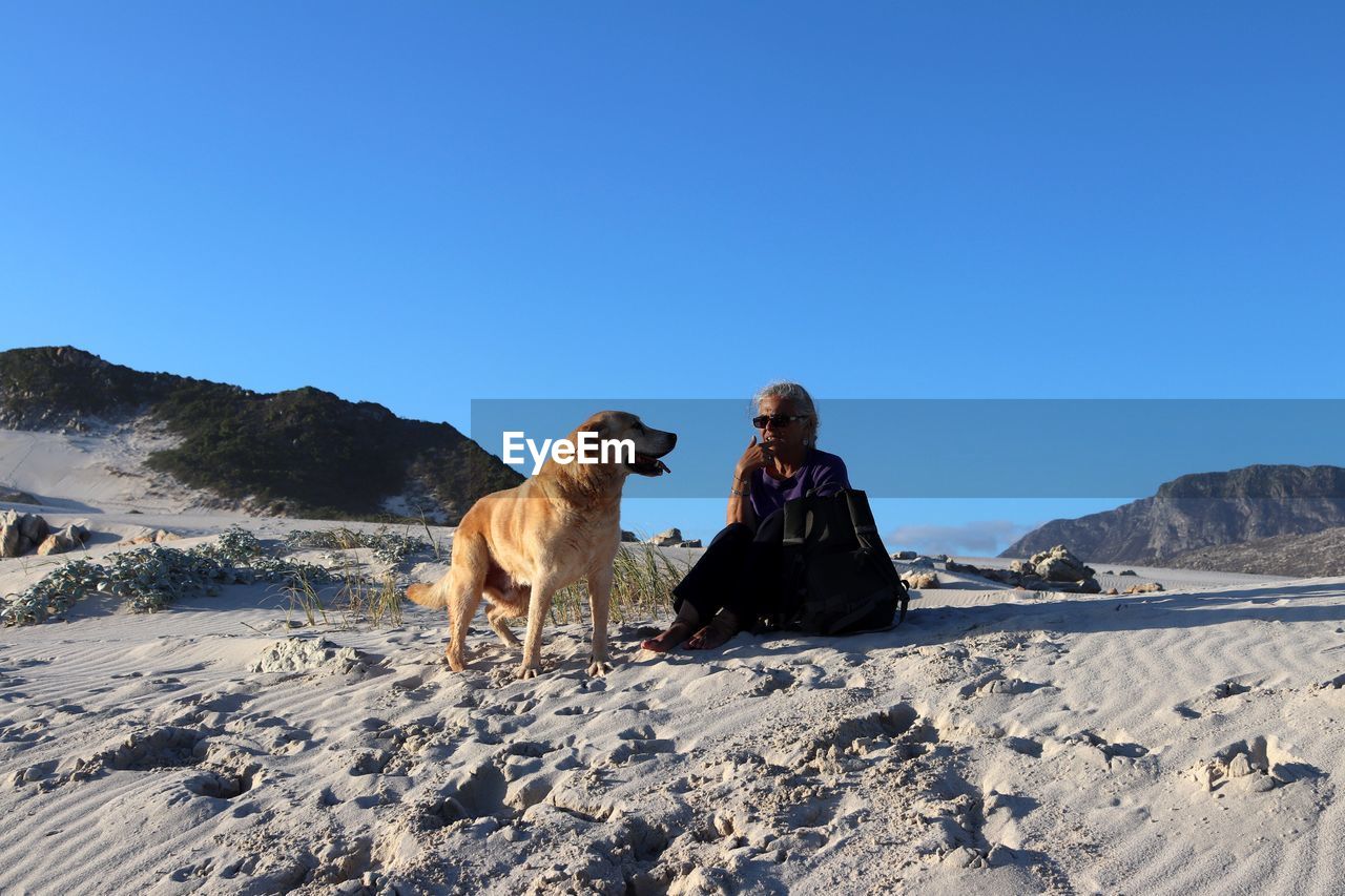 Woman with dog sitting on sand