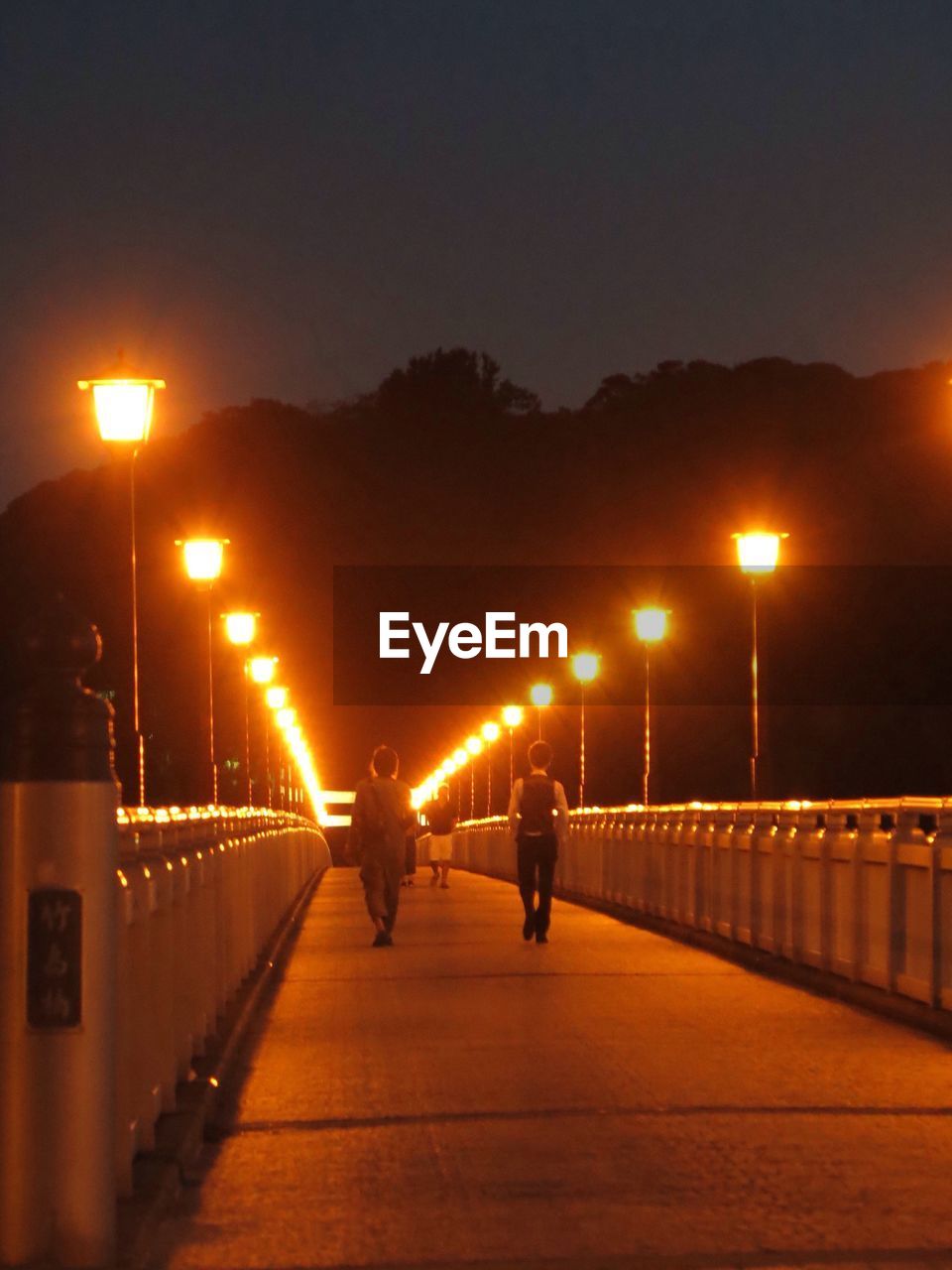 People walking on illuminated footbridge at night