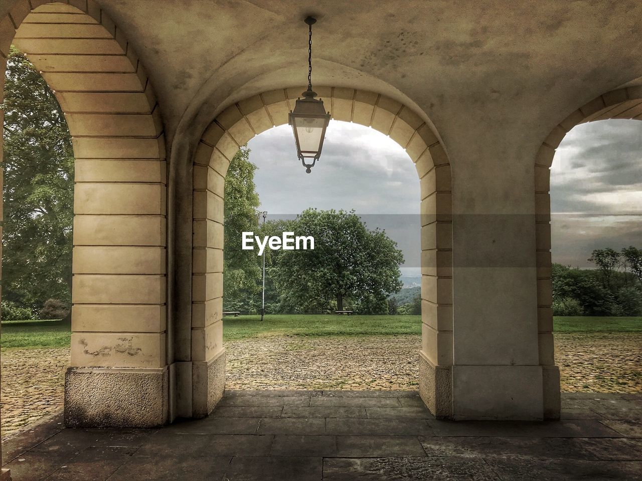 TREES IN PARK SEEN THROUGH BUILDING