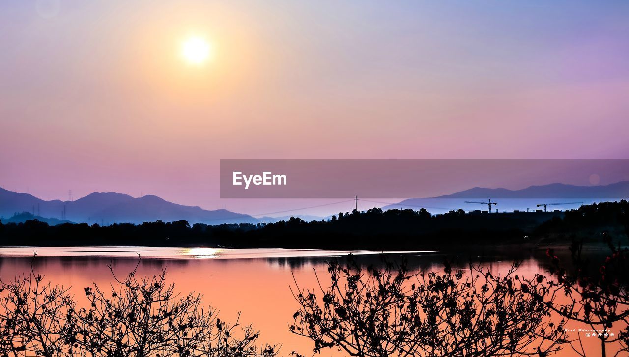 Silhouette of trees on lakeshore against sky at sunset