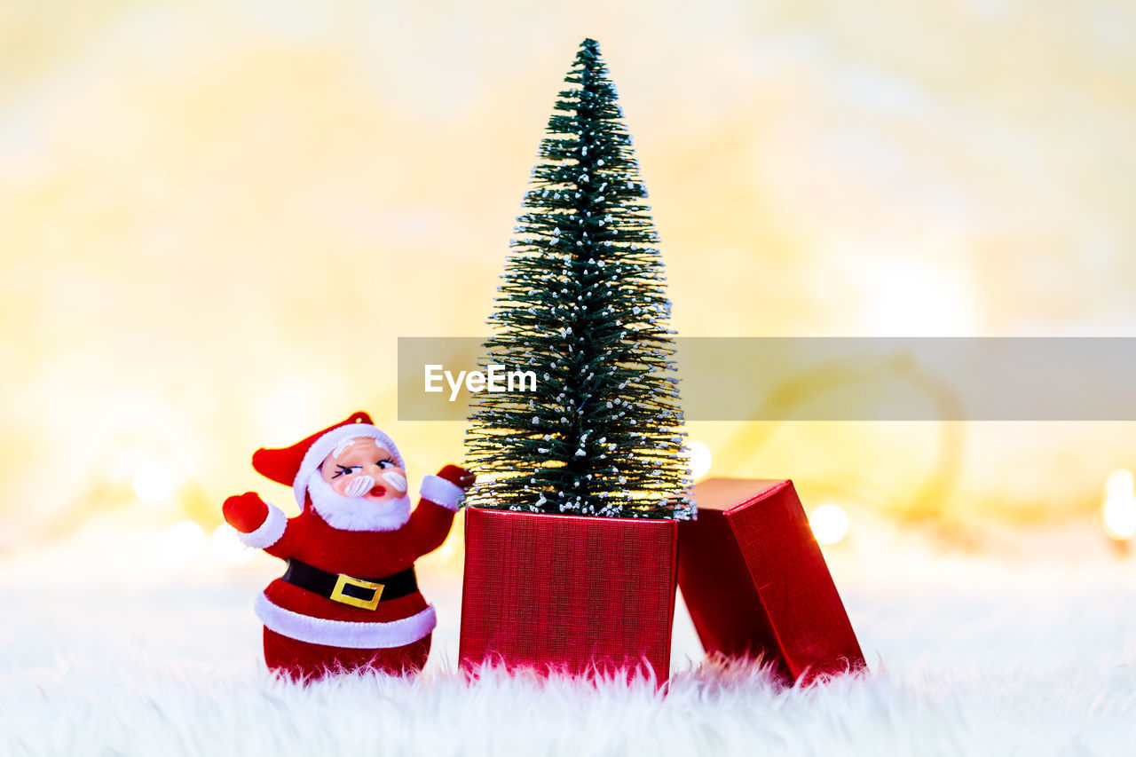 Close-up of small christmas tree on gifts against illuminated string lights on rug