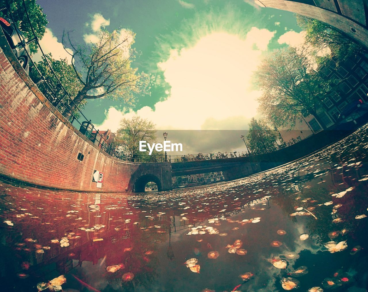 Fish-eye lens of bridge over river