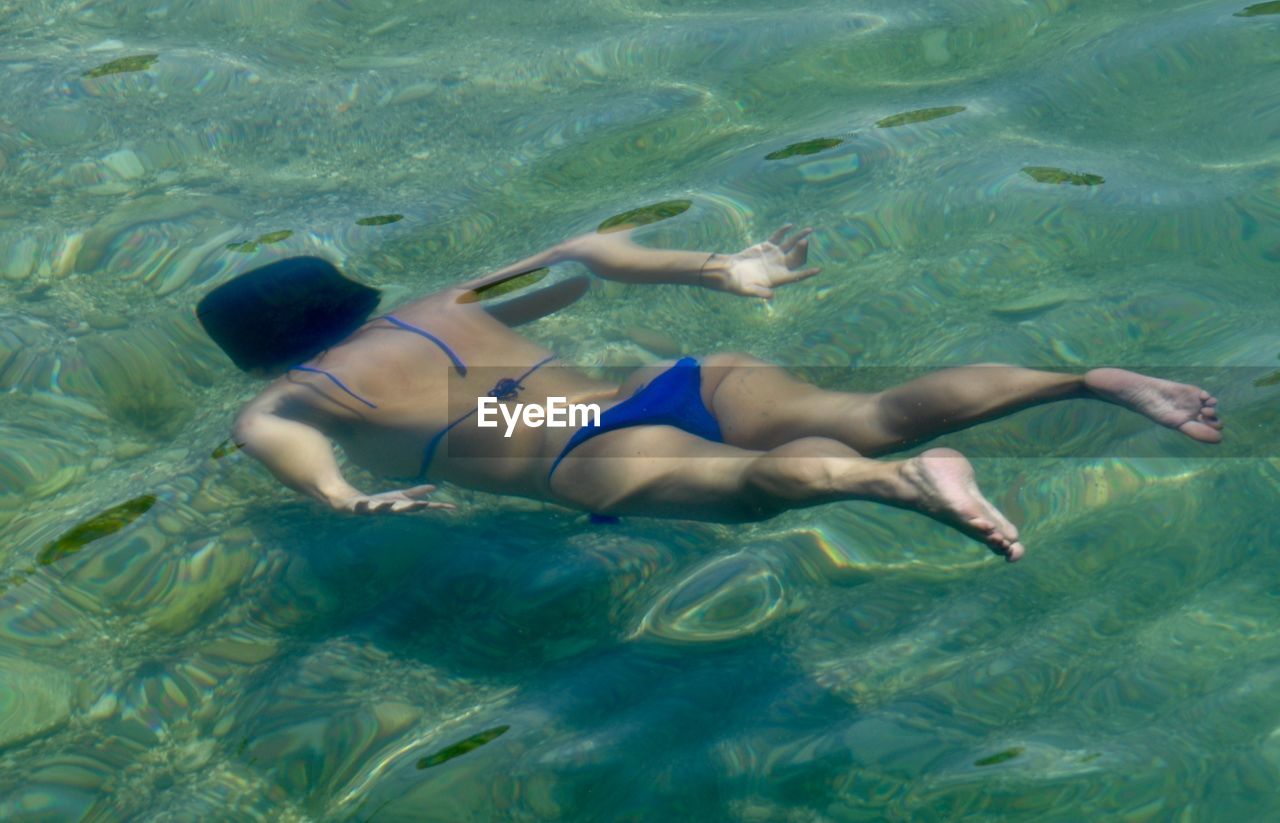 High angle view of woman swimming in sea