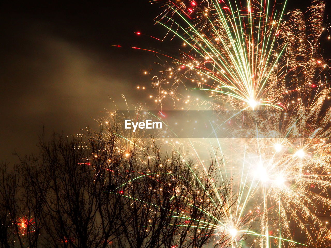 Low angle view of firework display at night