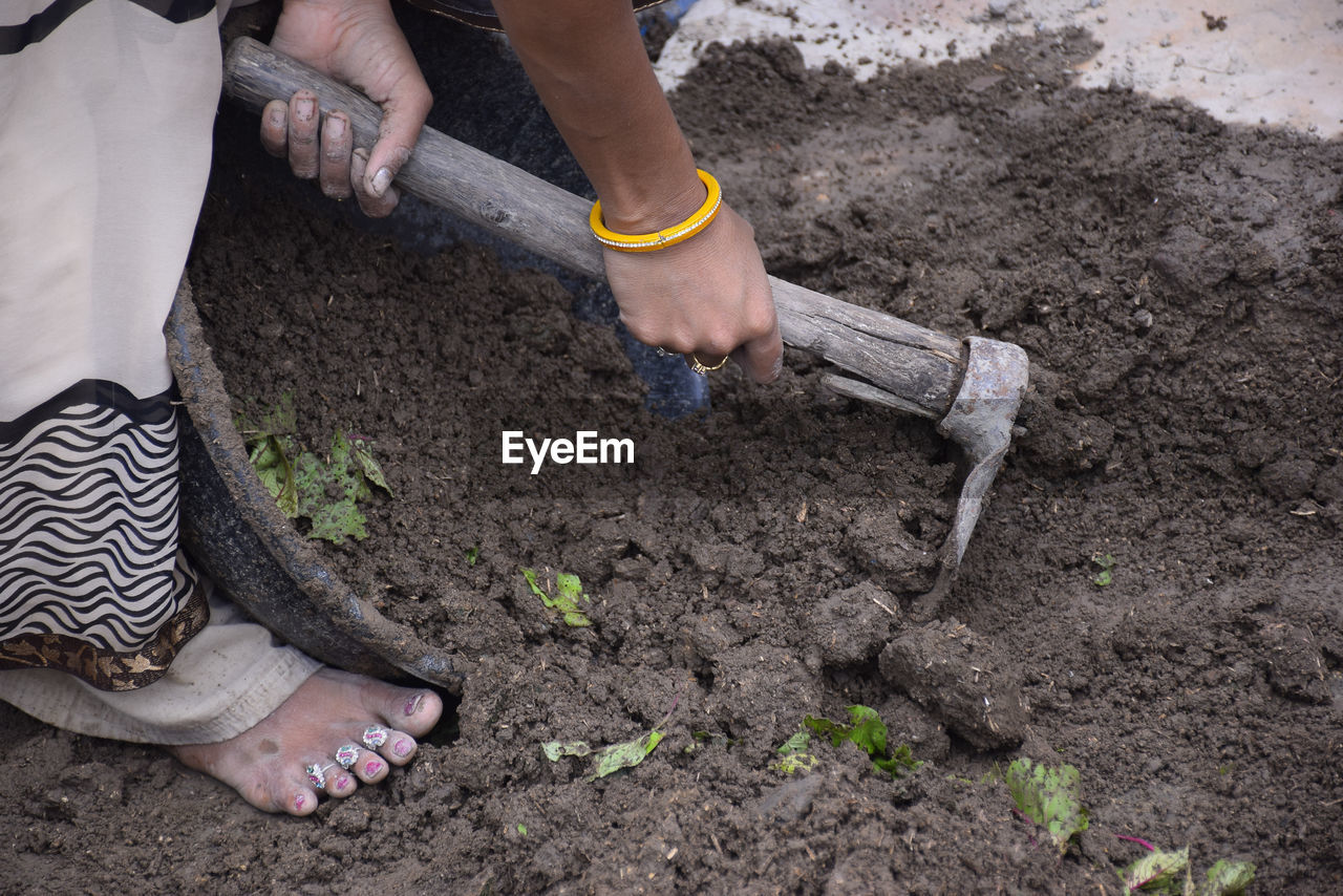 Low section of woman working in farm