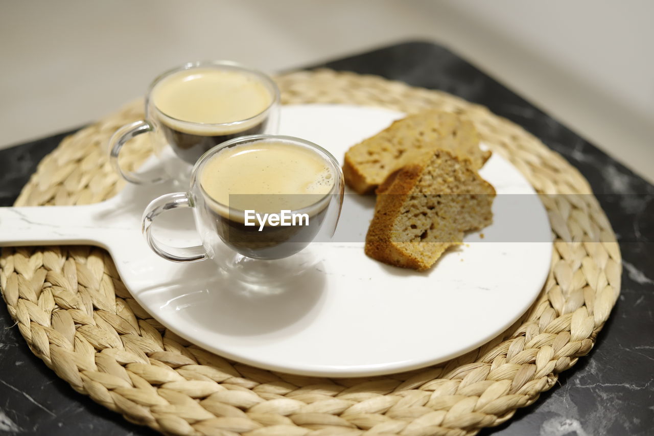 High angle view of breakfast served on table