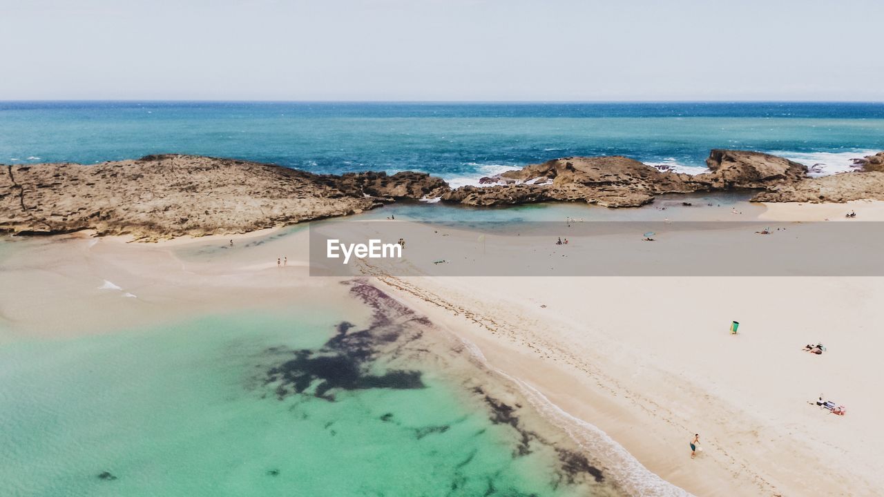 Panoramic view of beach against clear sky