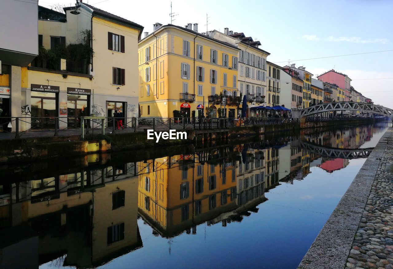 Reflection of buildings in puddle