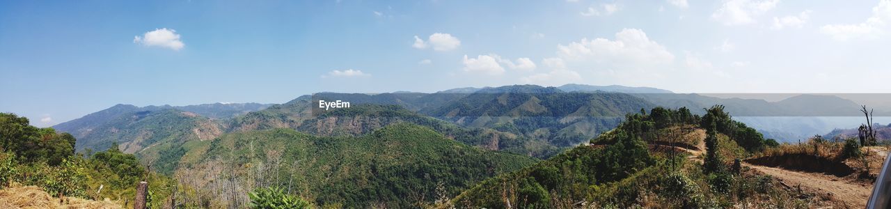 Panoramic view of trees and mountains against sky