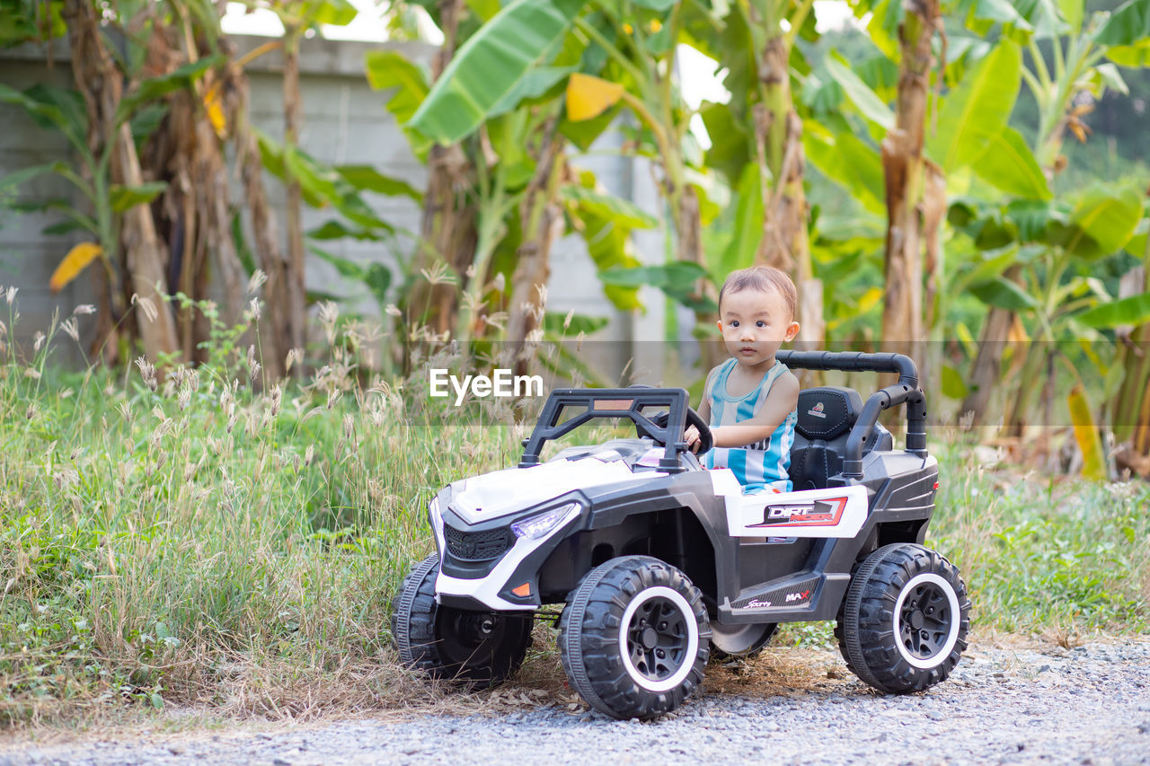 PORTRAIT OF BOY WITH TOY CAR ON PLANT