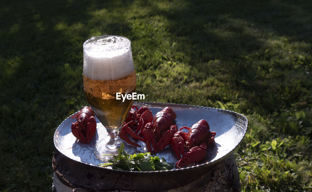 HIGH ANGLE VIEW OF BEER ON GLASS