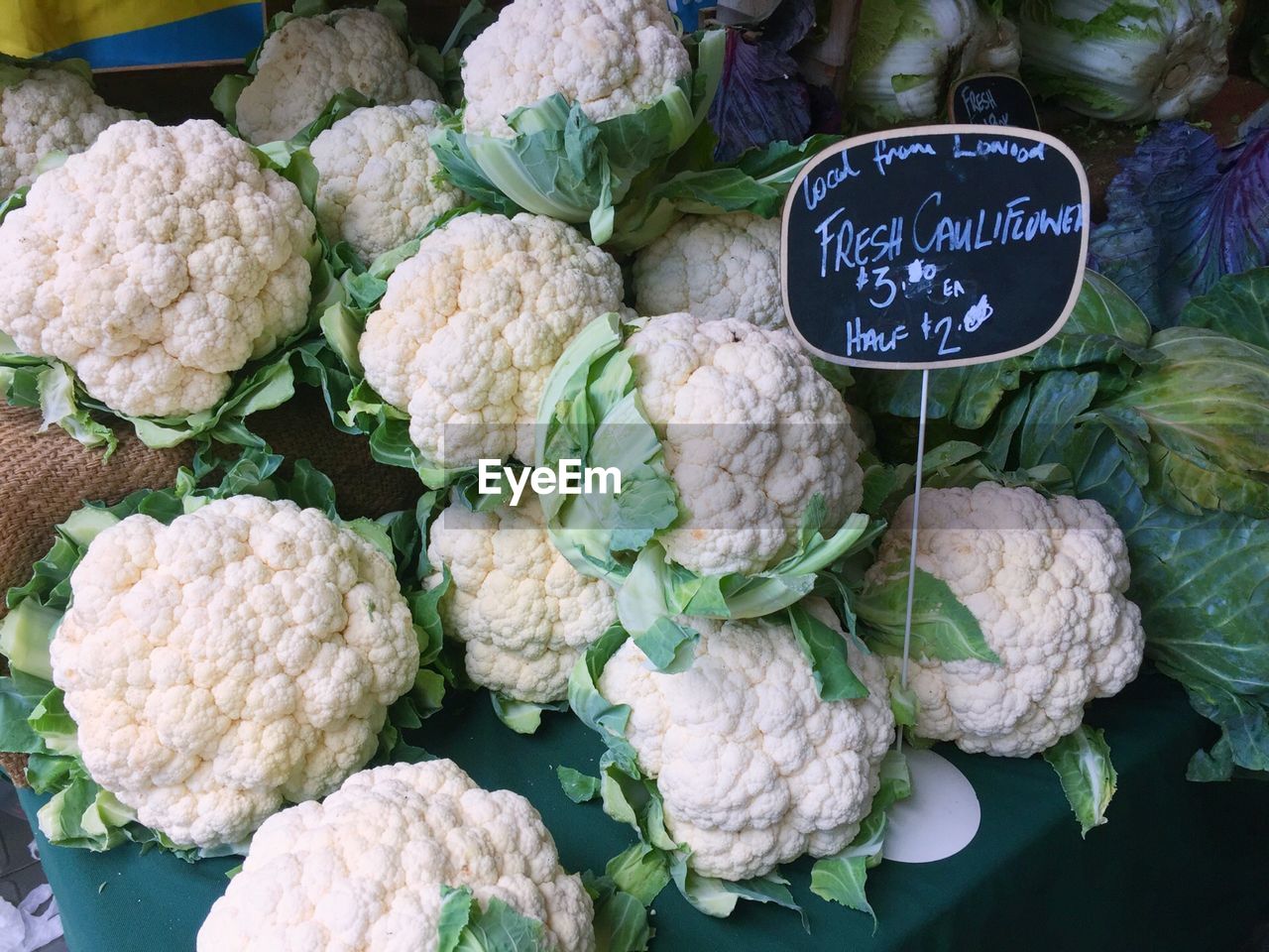 Cauliflowers for sale at market