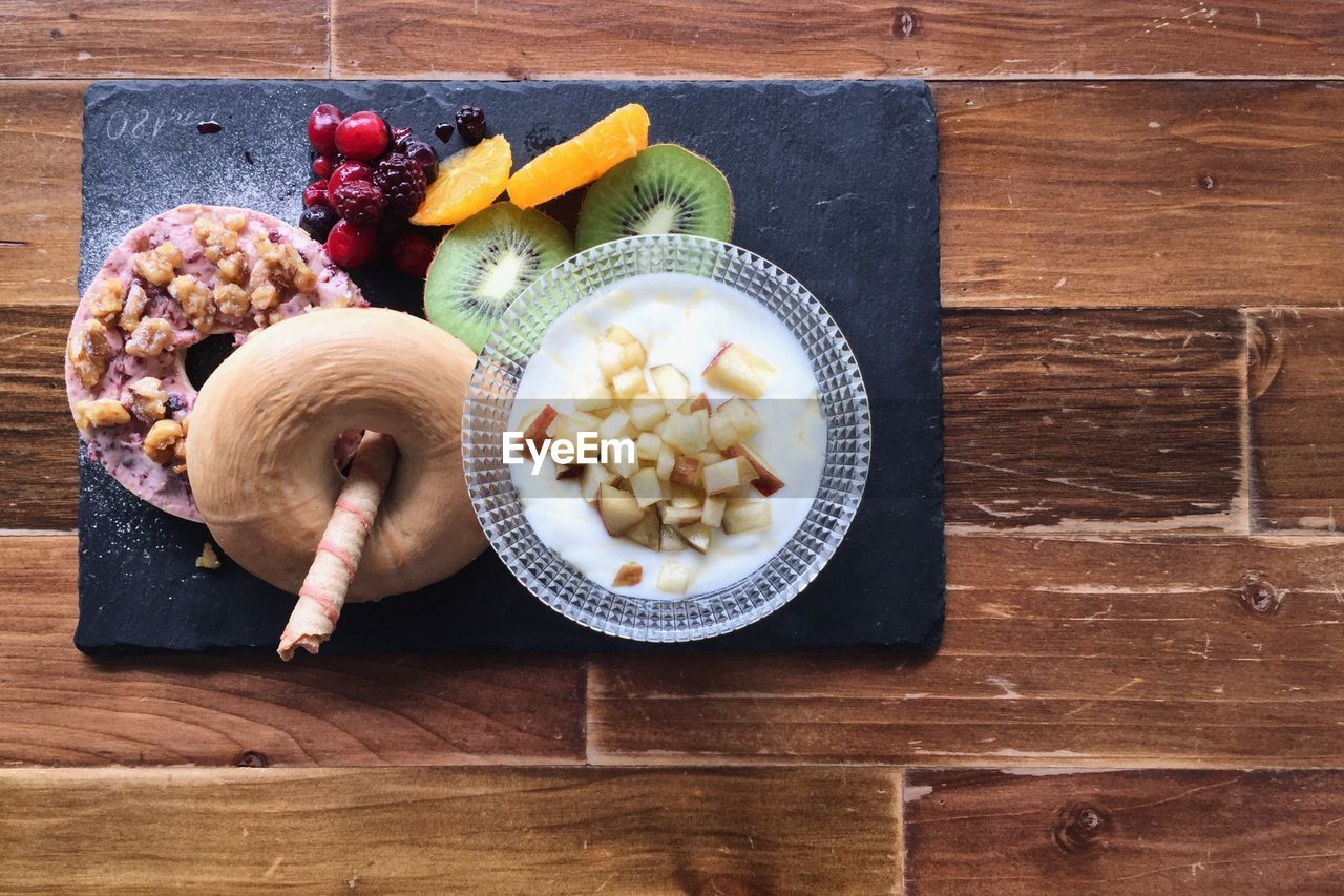 High angle view of sweet food on wooden table