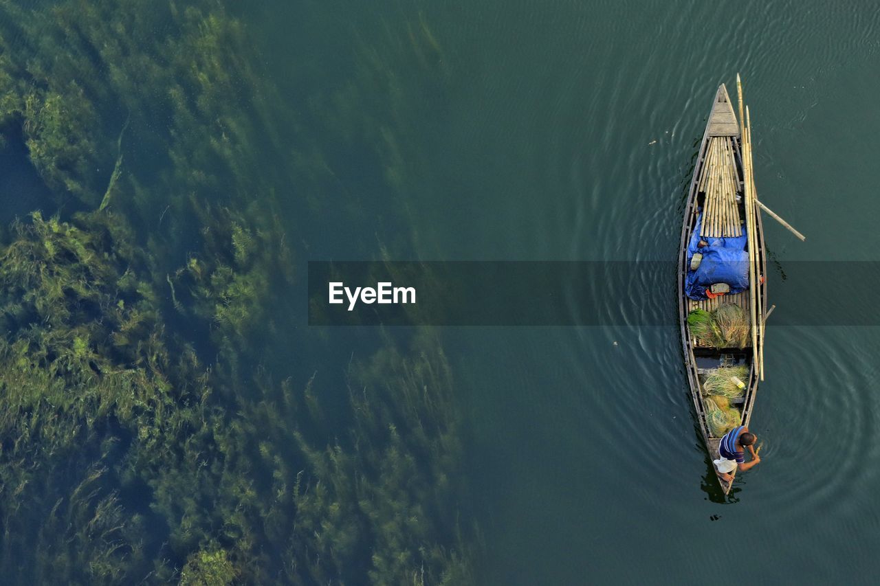 High angle view of people in boat on lake