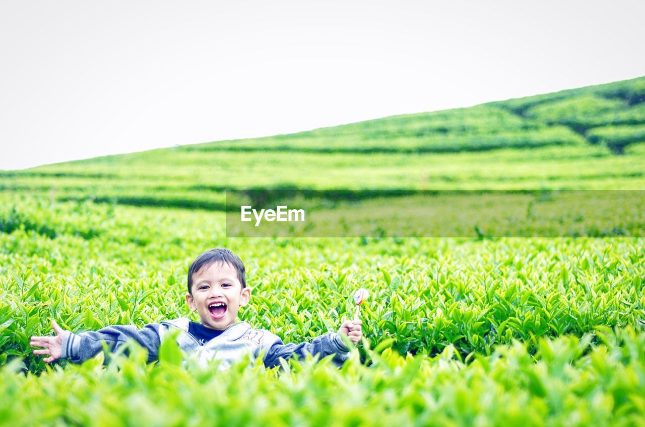 Portrait of happy boy standing in farm against clear sky at kebunteh